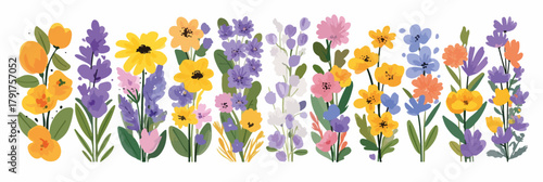 Wektorowy wzór z kolorowymi, ręcznie rysowanymi kwiatami i zielonymi liśćmi na białym tle.