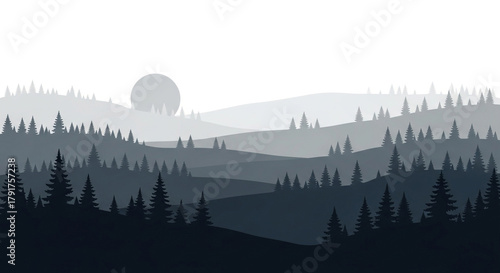 A serene landscape illustration showcases a misty mountain range at sunset, with silhouettes of pine trees adding depth and tranquility to the scene