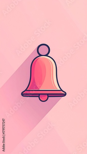 A stylized bell illustration rendered with soft pink hues and a long, diagonal shadow against a solid, gradient pink background