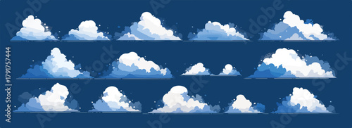 Zestaw puszystych białych chmur w stylu kreskówkowym na tle ciemnoniebieskiego nieba