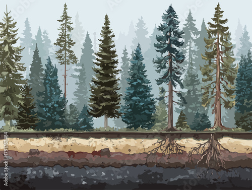 Wektorowy przekrój lasu iglastego z widocznymi korzeniami drzew i warstwami gleby.