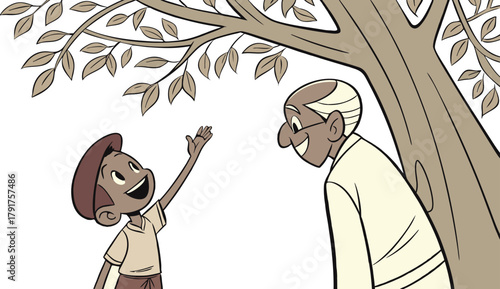 Boy reaching up to grandfather under a tree in a cheerful outdoor moment