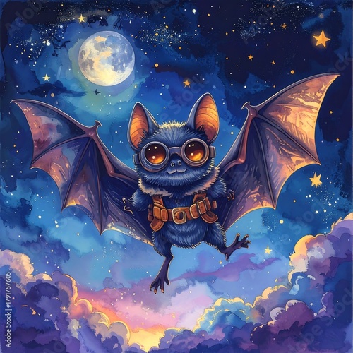 A stylized bat wearing goggles flies at night, with a full moon and clouds in the background