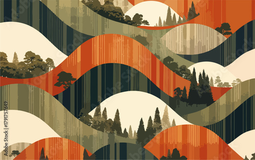 Abstrakcyjny krajobraz z pofałdowanymi wzgórzami i drzewami w ciepłych kolorach, styl graficzny.