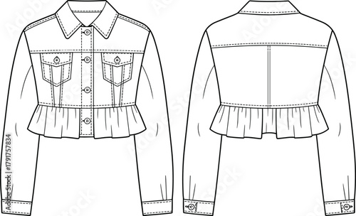 Cropped Denim Jacket with Collared Neck, Peplum Hem, and Flap Pockets Technical CAD Drawing Flat Vector Illustration for Fashion Design