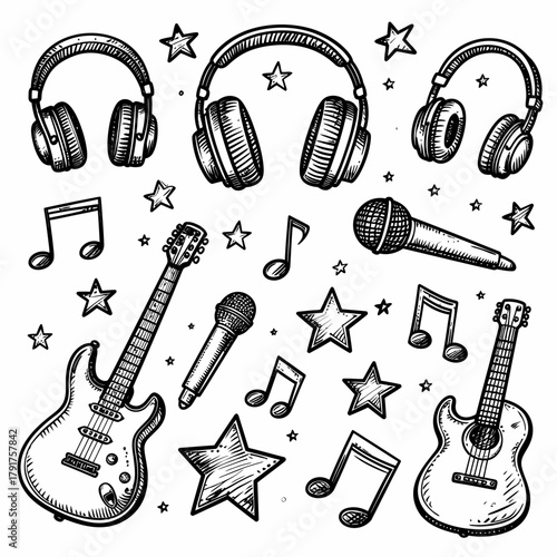 HandDrawn Music Instruments and Notes Illustration.