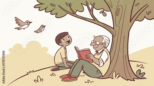 Grandfather and grandson reading book under tree with birds flying by