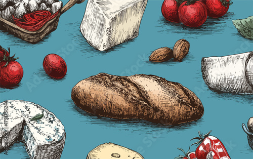Ilustracja wektorowa różnych rodzajów serów, pieczywa, pomidorów i orzechów na niebieskim tle