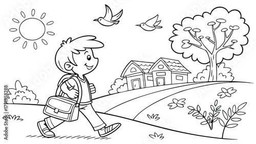 Smiling boy walking to school with briefcase on a sunny day with flying birds and houses coloring book