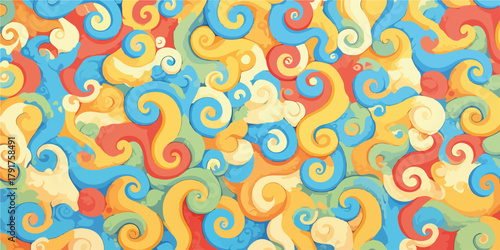 Abstrakcyjny, kolorowy wzór z wirującymi kształtami i falistymi liniami w pastelowych odcieniach.