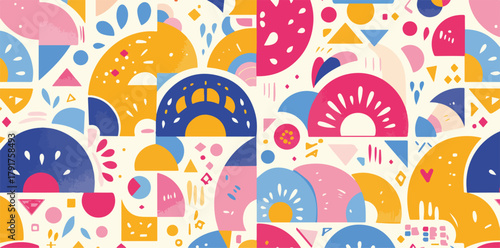 Abstrakcyjny wzór geometryczny z motywami wachlarzy i kół w żywych kolorach