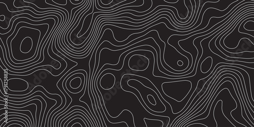Abstract black background with elegant contour line patterns. Minimalist topographic map texture design, modern wavy lines creating fluid organic shapes, perfect for digital art and backgrounds.
