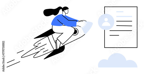 Woman riding rocket, flying toward professional profile document. Ideal for success, career growth, achievement, motivation, job application, leadership innovation. Simple flat metaphor