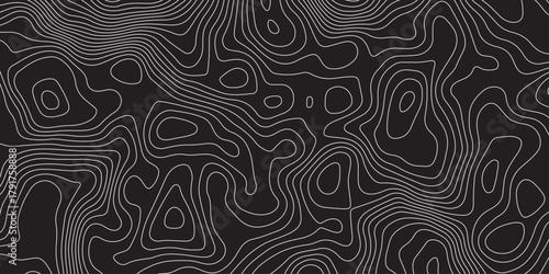 Abstract black background with elegant contour line patterns. Minimalist topographic map texture design, modern wavy lines creating fluid organic shapes, perfect for digital art and backgrounds.