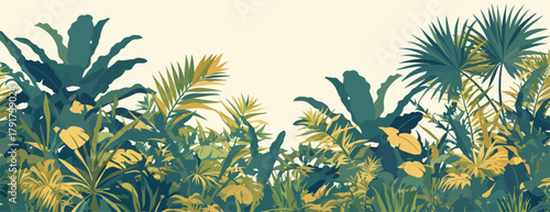 Ilustracja wektorowa gęstej, tropikalnej dżungli z bujną roślinnością i liśćmi w odcieniach zieleni i żółci.