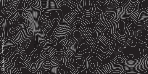 Abstract black background with elegant contour line patterns. Minimalist topographic map texture design, modern wavy lines creating fluid organic shapes, perfect for digital art and backgrounds.