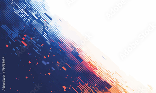 Abstrakcyjny wzór pikseli w kolorach niebieskim i pomarańczowym, symbolizujący dane i technologię.