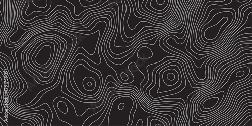 Abstract black background with elegant contour line patterns. Minimalist topographic map texture design, modern wavy lines creating fluid organic shapes, perfect for digital art and backgrounds.