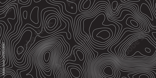 Abstract black background with elegant contour line patterns. Minimalist topographic map texture design, modern wavy lines creating fluid organic shapes, perfect for digital art and backgrounds.