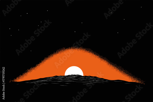 Ilustracja wektorowa zachodzącego słońca nad horyzontem przy nocnym niebie pełnym gwiazd.