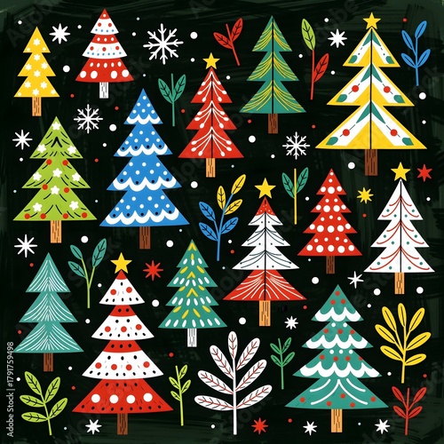 Colourful christmas tree and happy new year pattern