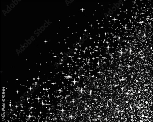 Wektor błyszczącego brokatu i gwiazdek na czarnym tle, efekt świetlny, tekstura imprezy.