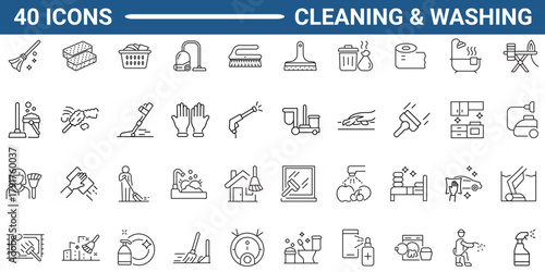 Set of 40 outline icons related to cleaning, washing. Linear icon collection. Editable stroke. Vector illustration