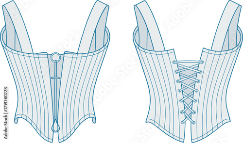 Longline Underbust Corset Technical Fashion Flat Sketch Template CAD Drawing Vector Illustration Garment Design With Back Lacing Mockup
