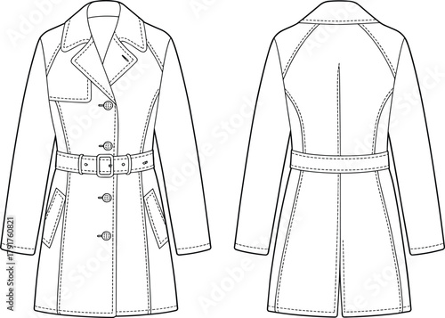 Women's Single Breasted Trench Coat Technical Fashion Flat Sketch Template CAD Drawing Vector Illustration Garment Apparel Design Mockup