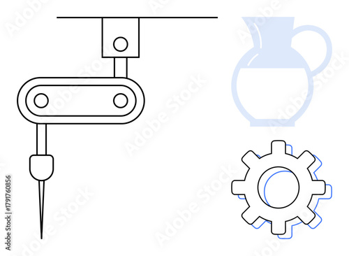 Robotic arm with a precise tip working on tasks, pottery jar silhouette, and gear symbol. Ideal for technology, automation, industry, craftsmanship, art innovation and creativity. Simple flat