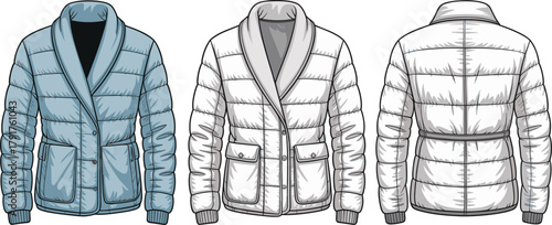 Quilted Puffer Jacket Coat with Shawl Collar Belt Technical Fashion Flat Sketch Template Vector Illustration Apparel Garment Design Mockup
