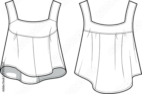 Women's Strappy Flared Hem Camisole Top Technical Fashion Flat Sketch Template CAD Drawing Vector Illustration Apparel Design Garment Mockup