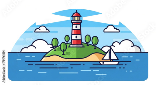 A scenic island with a red and white lighthouse, lush green trees, and a sailboat gliding on the water, all under a bright blue sky with fluffy white clouds