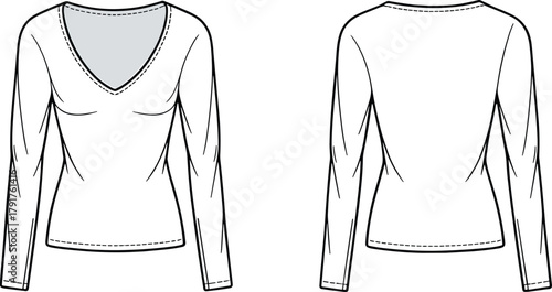 Women's Deep V-Neck Long Sleeve T-Shirt Technical Fashion Flat Sketch Template CAD Drawing Vector Illustration Garment Design Mockup Apparel