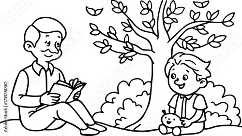 Father reading a book to his happy son sitting under a large tree in a joyful outdoor setting coloring book