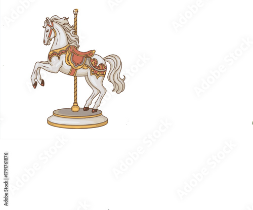 Classic white carousel horse vector illustration with ornate golden pole and decorative saddle for amusement park themes