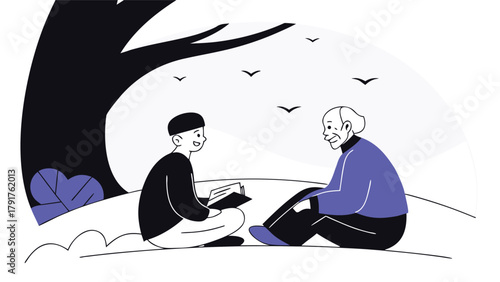 Grandfather and grandson spending quality time together under a tree, sharing stories and creating cherished memories