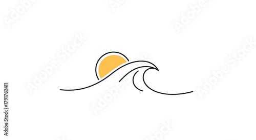 Minimalist vector illustration of a wave with a sun behind it, , perfect for logo design, branding, or a simple graphic element