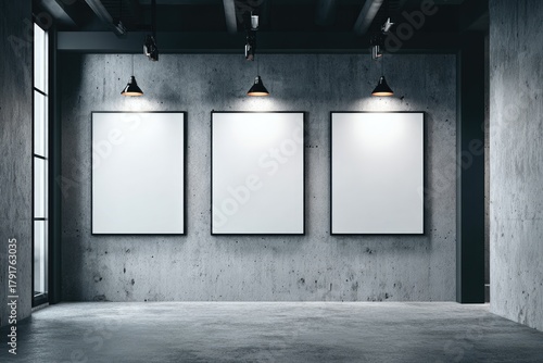 Three blank frames on concrete wall, gallery space