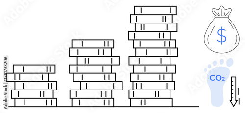 Stacked coins, dollar-printed money bag, and carbon footprint with thermometer. Ideal for finance, investment, sustainability, environmental impact, carbon reduction, climate change economic growth