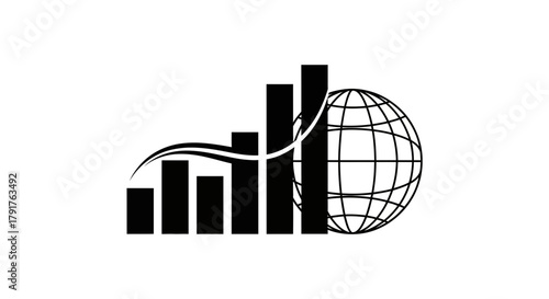 Abstract black icon showing global financial growth with bar graph and grid sphere