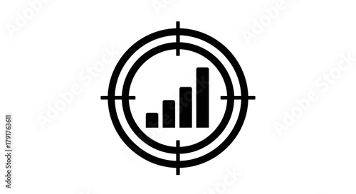 Black crosshair target scope centered on an upward trending bar graph icon