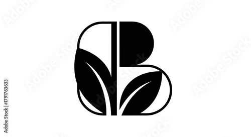 Black letter B design incorporates organic leaves on a white background