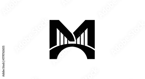 Black letter M logo design integrated with an arch bridge silhouette