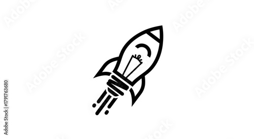 Black line art icon showing a lightbulb rocket taking off on white background