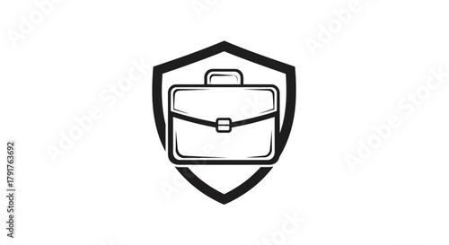 Black line art logo of a briefcase protected by a shield on white
