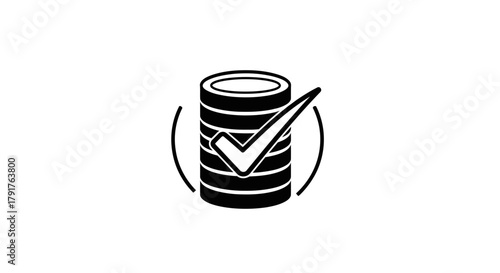 Black vector illustration of stacked coins with a successful checkmark security icon