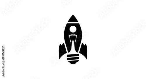 Black vector icon of a rocket ship incorporating a lightbulb on white