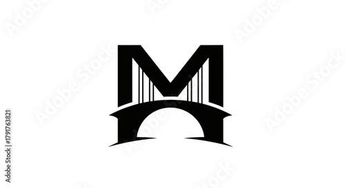 Black vector illustration of the letter M forming a classical arched suspension bridge logo
