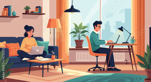 Woman works on laptop while man works at desk in bright home office setting